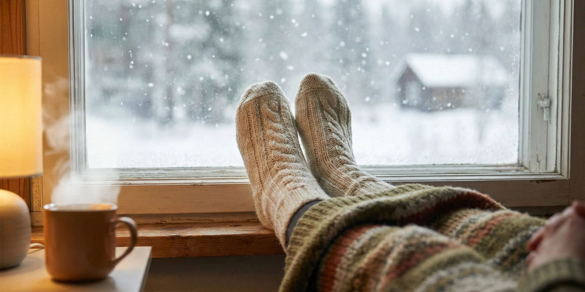 Im Vordergrund sieht man Füße in dicken Wollsocken auf der Fensterbank mit Blickrichtung aus dem Fenster. Draußen fallen Schneeflocken auf eine winterliche Landschaft mit Bäumen und einem kleinen Haus. Drinnen sorgen eine Tasse mit dampfendem Getränk, eine Lampe und eine Strickdecke für eine ruhige, warme Atmosphäre.